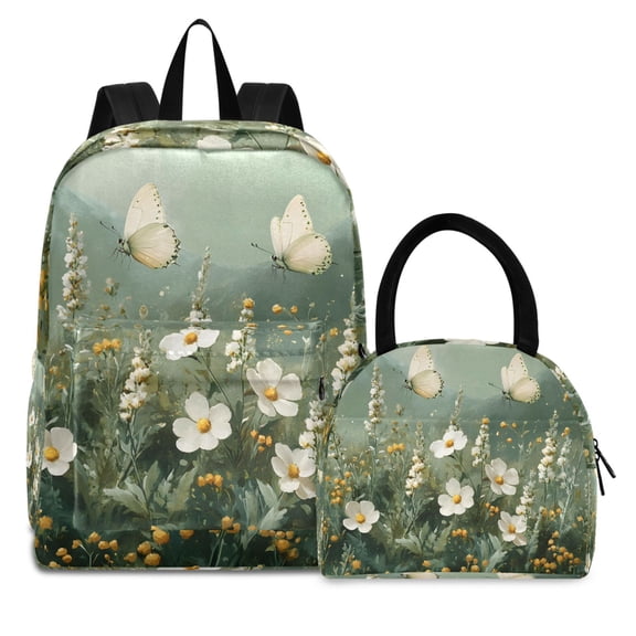 ALAZA Backpack Set White Butterfly Flowers Elementary School Bags Student BookBag with Lunch Bag
