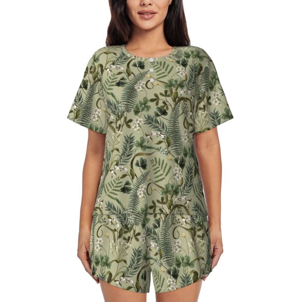 Balery Tropical Plants Green Conjunto de Pijama para Mujer con Estampado, Dos Piezas de Manga Corta y Shorts, Ropa de Dormir Suave con Cuello Redondo y Bolsillos-XX-Large