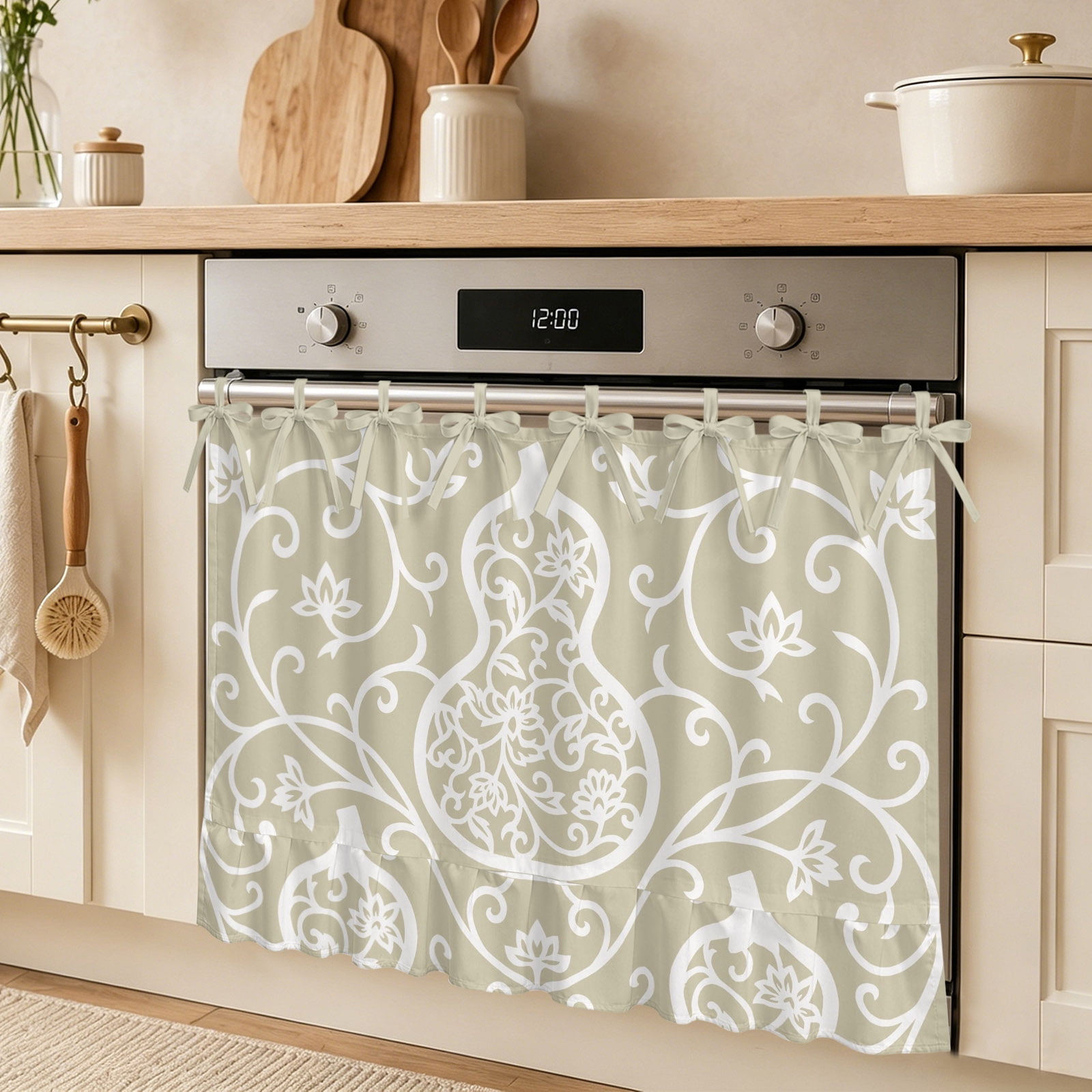 Bottle Gourd Oven Skirt Curtain Vintage Rustic Abstract Japanese Beige Leaves Cirrus Tie Top Tier Curtains Stove Dishwasher Skirt Small Window Drapes for Kitchen Bathroom Cafe 27 x20