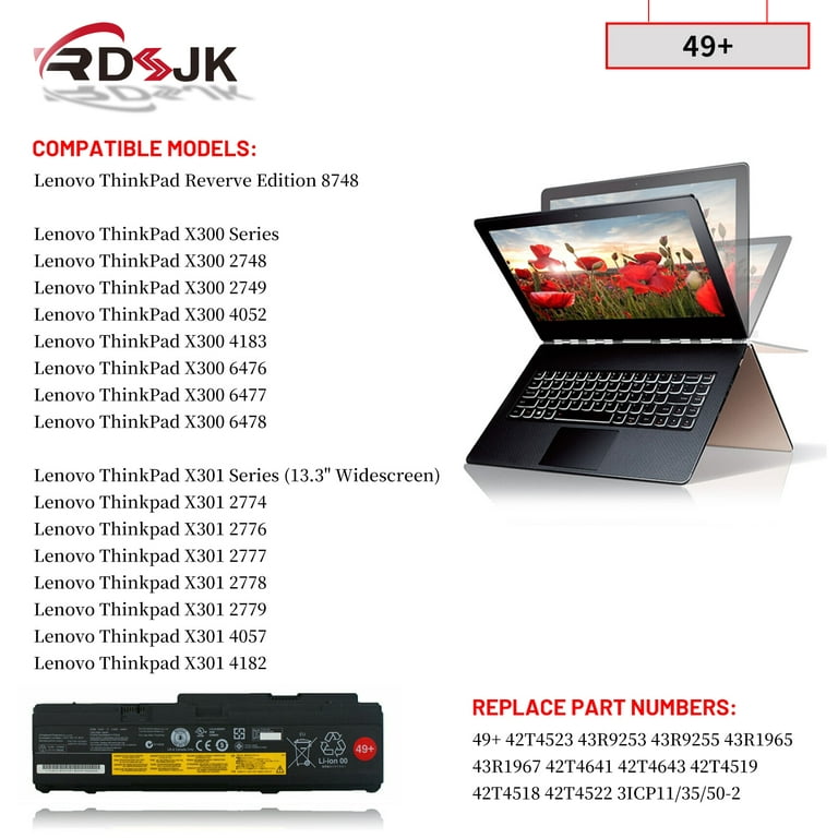 New 49+ 10.8V 44Wh Laptop for Lenovo ThinkPad X300 X301 Series 43R9253 43R1967 42T4518 42T4519 42T4522 42T4641 3ICP11/35/50-2 42T4523 42T4643 Walmart.com