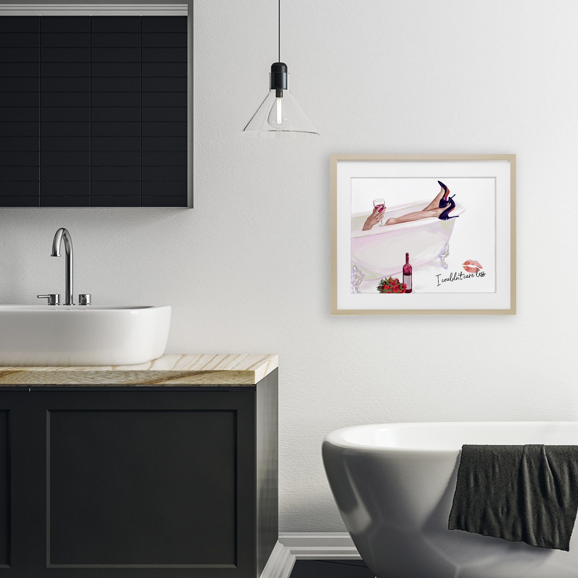 Couldn't Care Less Tub Birch Framed Print Under Glass, design by Ziwei Li