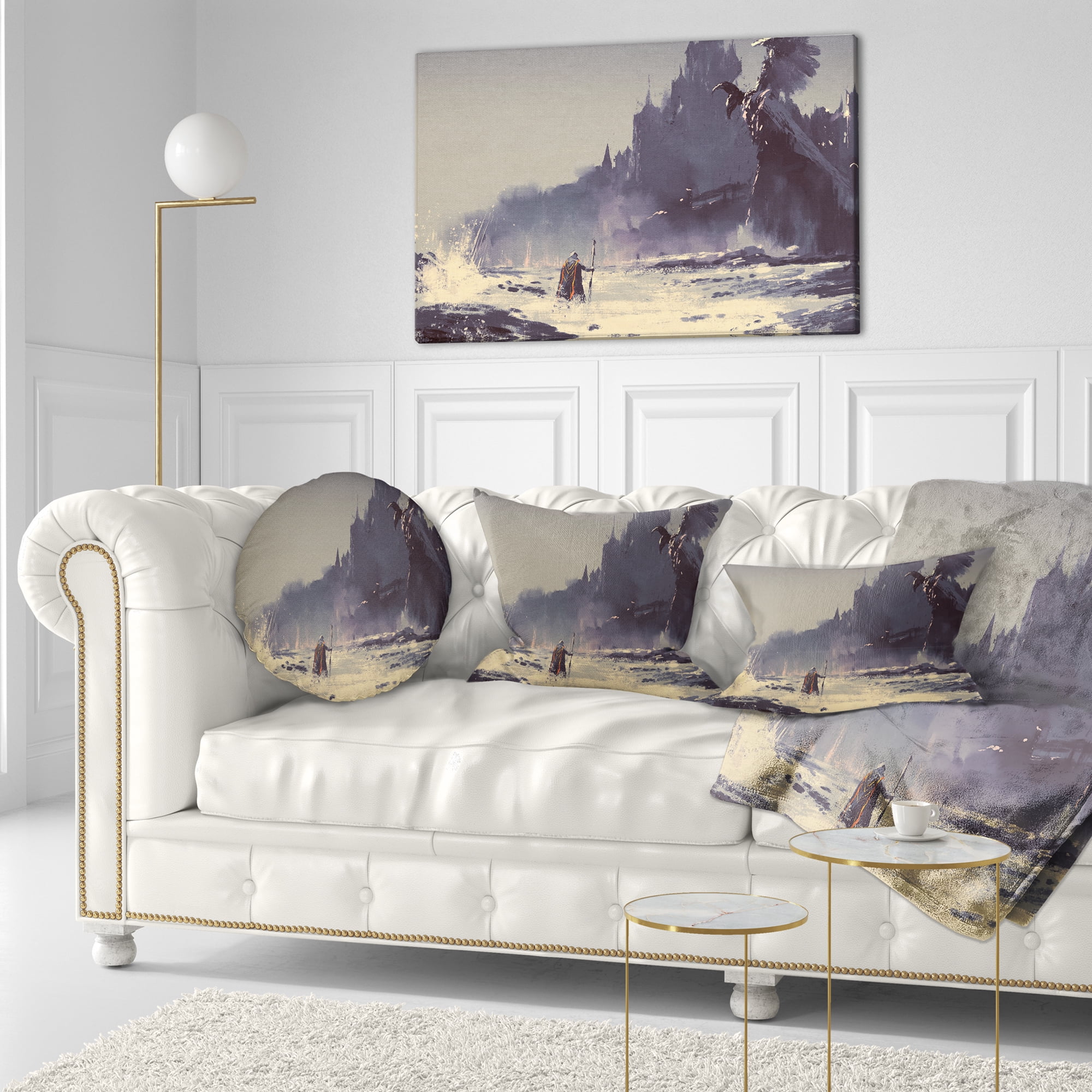 Designart Dark Fantasy Castle - Landscape Painting Throw Pillow - 12x20