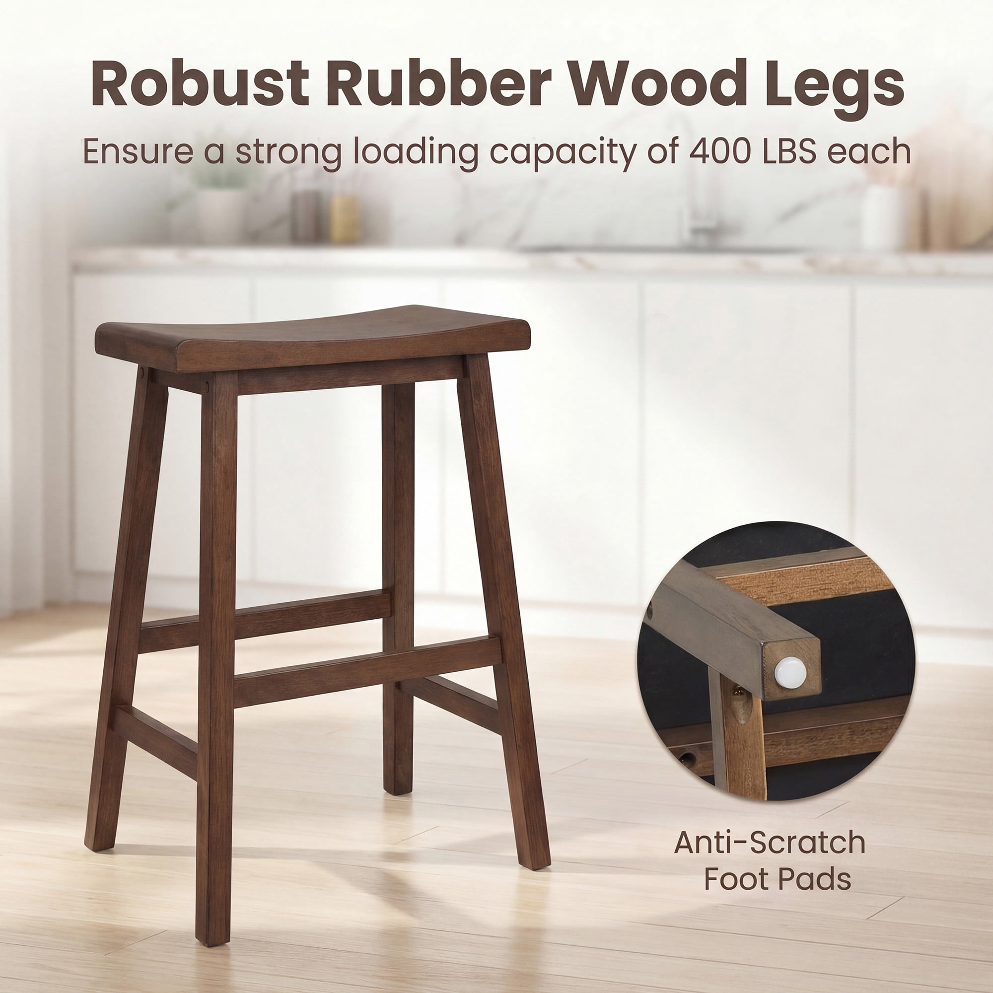 ELLEGNT 2 PCS Solid Wood Saddle Bar Stools - Backless with Footrests, Wooden Counter Stools Brown
