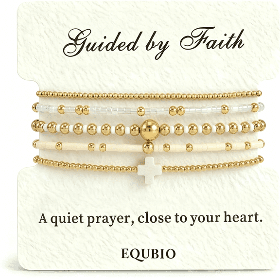 DESIGNICE 14K Gold Plated Beaded Cross Bracelet Set for Women,5Pcs Dainty Stackable Layered Bracelets,Hypoallergenic Non Tarnish Adjustable Chain,Y2K Jewelry Christian Easter Gifts for Friendship