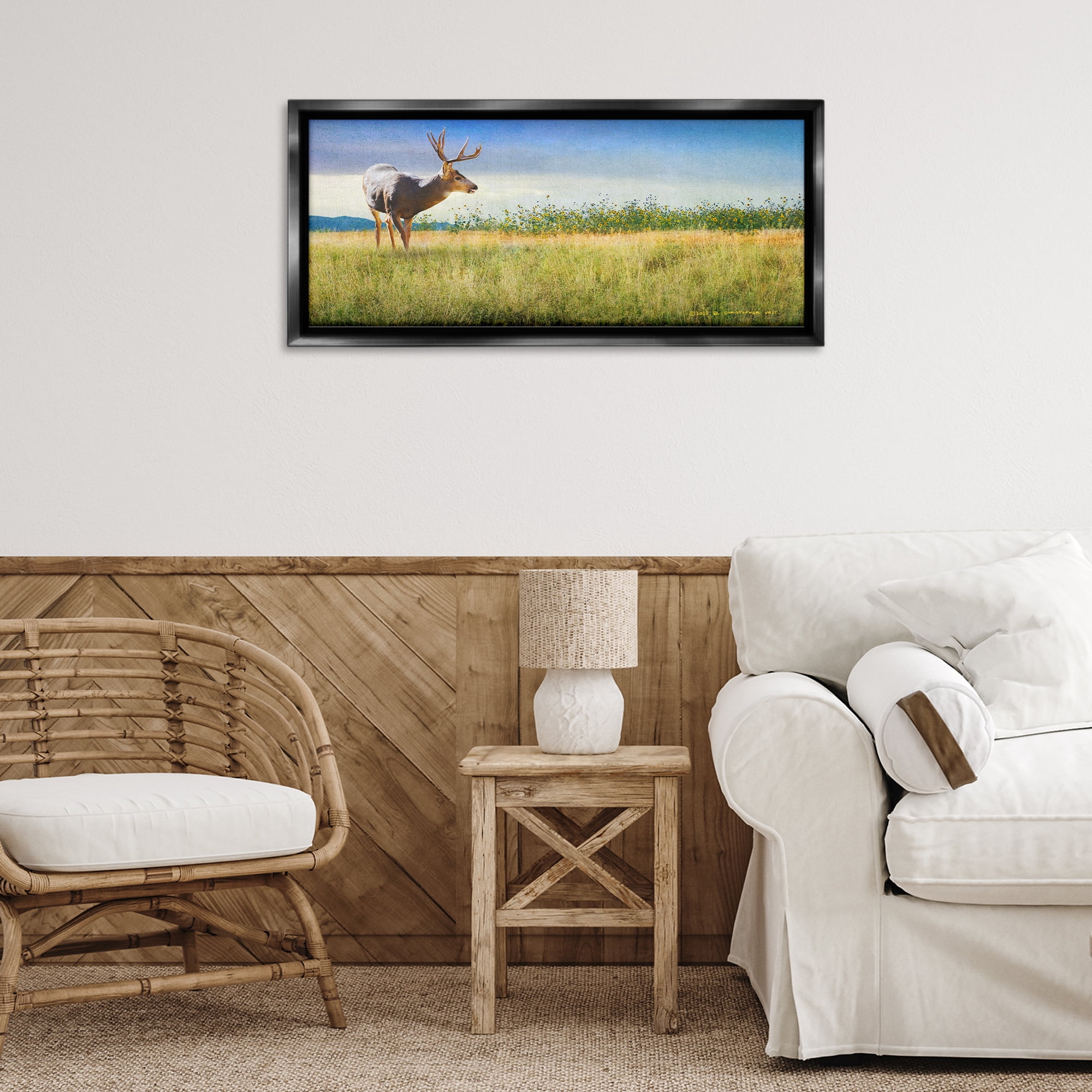 Stupell Industries Buck Deer in Field Landscape & Nature Photography Black Floater Framed Canvas Art Print Wall Art, 31 x 14