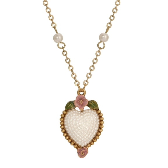 1928 Jewelry Pearly Eden Pink Rose Enamel Faux Pearl Heart Pendant Necklace For Women 16"   3" Extender