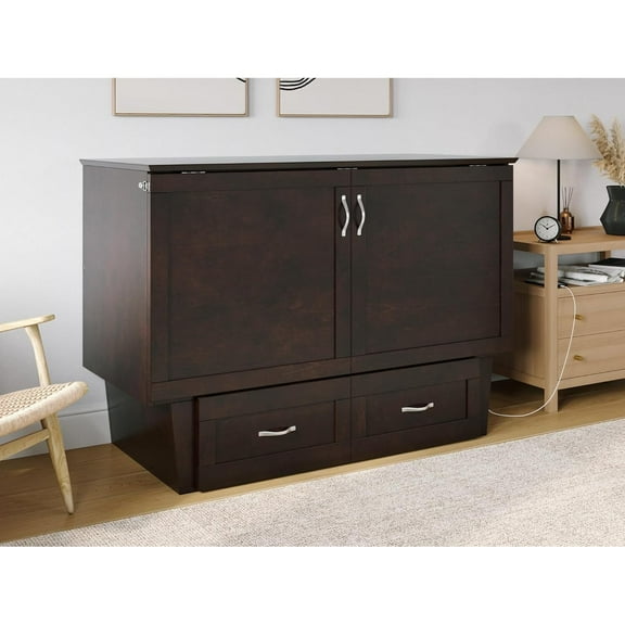 HomeStock Renaissance Revival Monroe Murphy Bed Chest With 6 Inch Memory Foam Folding Mattress, Built-In Charging Station And Storage Drawer, Full, Espresso