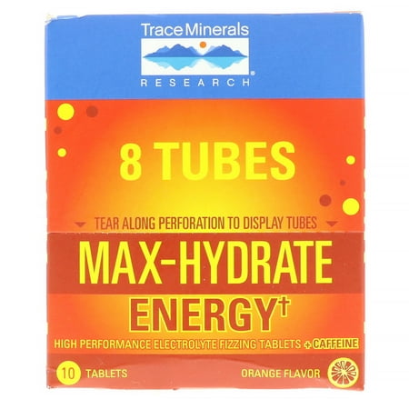 Trace Minerals Research  Max-Hydrate Energy  Effervescent Tablets   Caffeine  Orange Flavor  8 Tubes  10 Tablets