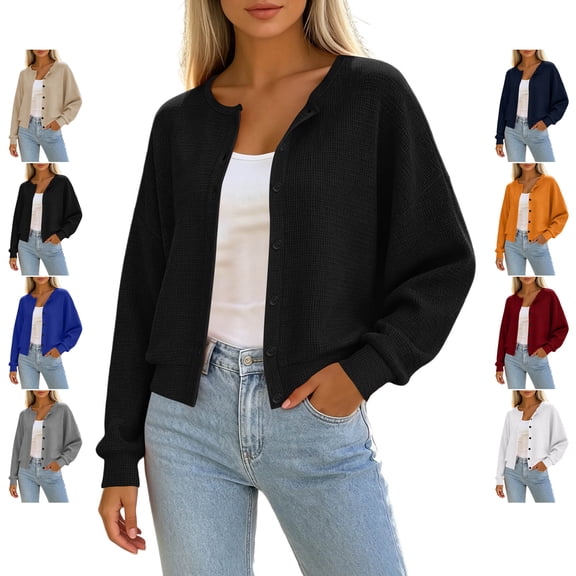 TGSLY Waffle Knit Cardigan Coat for Women Comfy Soft Button Down Solid Color Jacket Loose Casual Long Sleeve Cropped Tops S