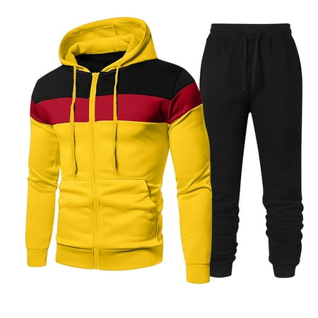 guisaled Men s Sweatsuit 2 Pieces Set Cozy Zip Up Hoodie Tracksuit Athletic Fashion Color Block Casual Jogging Suit for Men