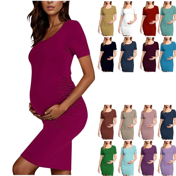 QIUOMBBP Women Solid Color Bodycon Dresses Short Sleeve Low Neck Maternity Dress Summer Stretchy Dress Khaki L