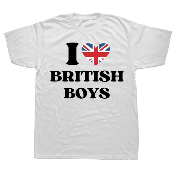 Camiseta de algodón con estampado "I Red Heart" para niños británicos de Gran Bretaña, regalos del Reino Unido, camisetas de verano para hombres, divertidas camisetas "I Love British Boys".