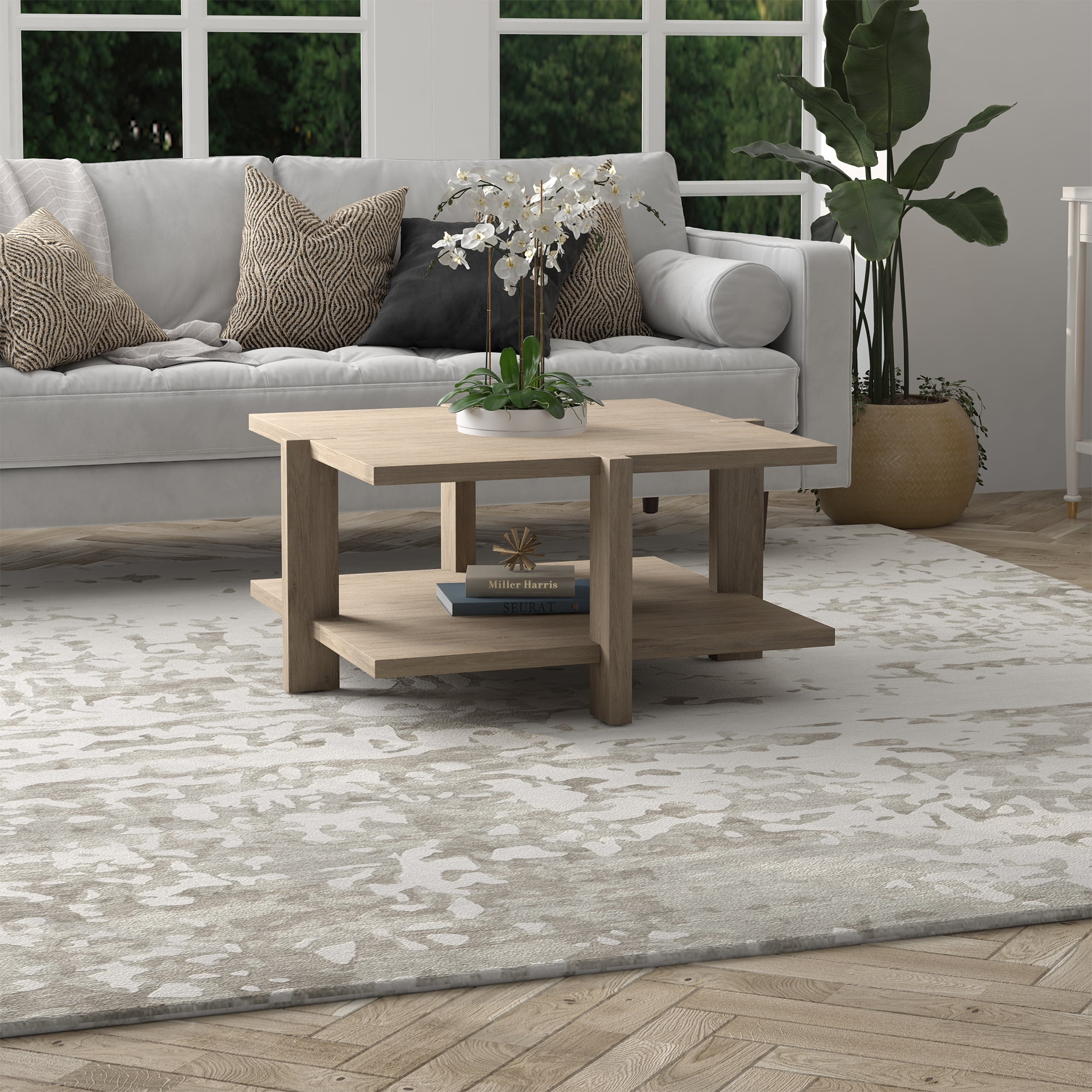 Evelyn&Zoe Ingrid 35" Wide Square Coffee Table, Antiqued Gray Oak