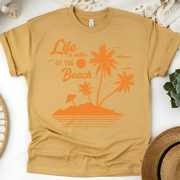 Life Is Better at the Beach T-Shirt – Tropical Palm Island Graphic Tee, Gold, Size M
