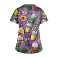 thumbnail image 3 of Womens Mardi Gras Scrub Tops Carnival Short Sleeve Glitter Scrubs Sparkly Feathers Print V Neck Gold Uniform with Pockets Light Purple 5XL, 3 of 4