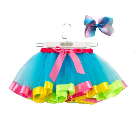 

jsaierl Toddler Baby Girls Cute Rainbow Net Yarn Princess Pettiskirt Multi-color Skirt Bow Hairpin Set