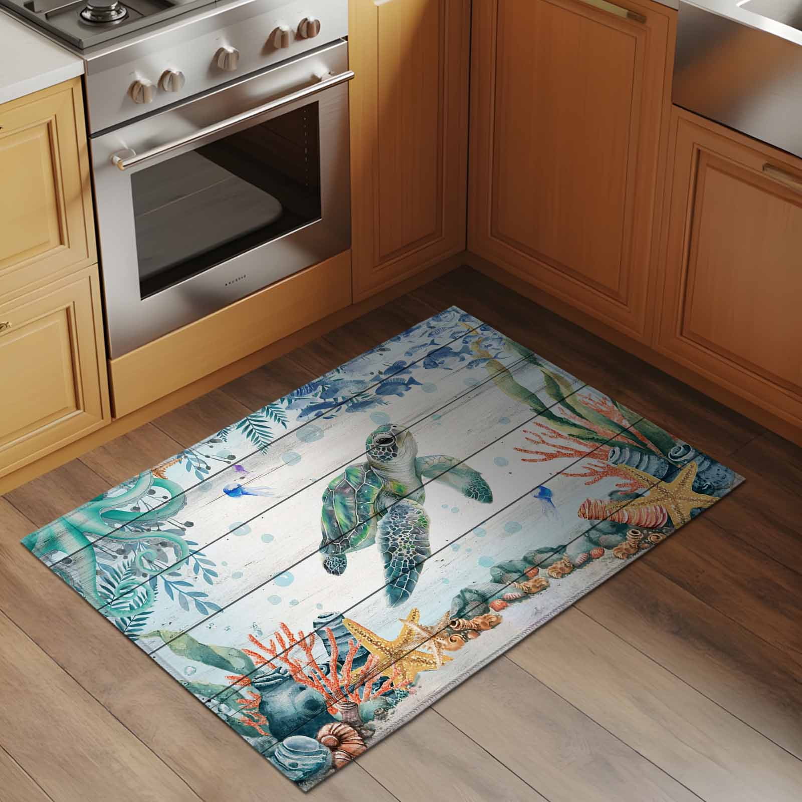 Entryway Rug 2'x3', Sea Turtle Coastal Small Rug for Kitchen Bathroom Door Mat Indoor Entrance, Summer Nautical Starfish Coral Grey Wooden Non-Slip Area Rugs Floor Mats Carpet Front Door Rugs