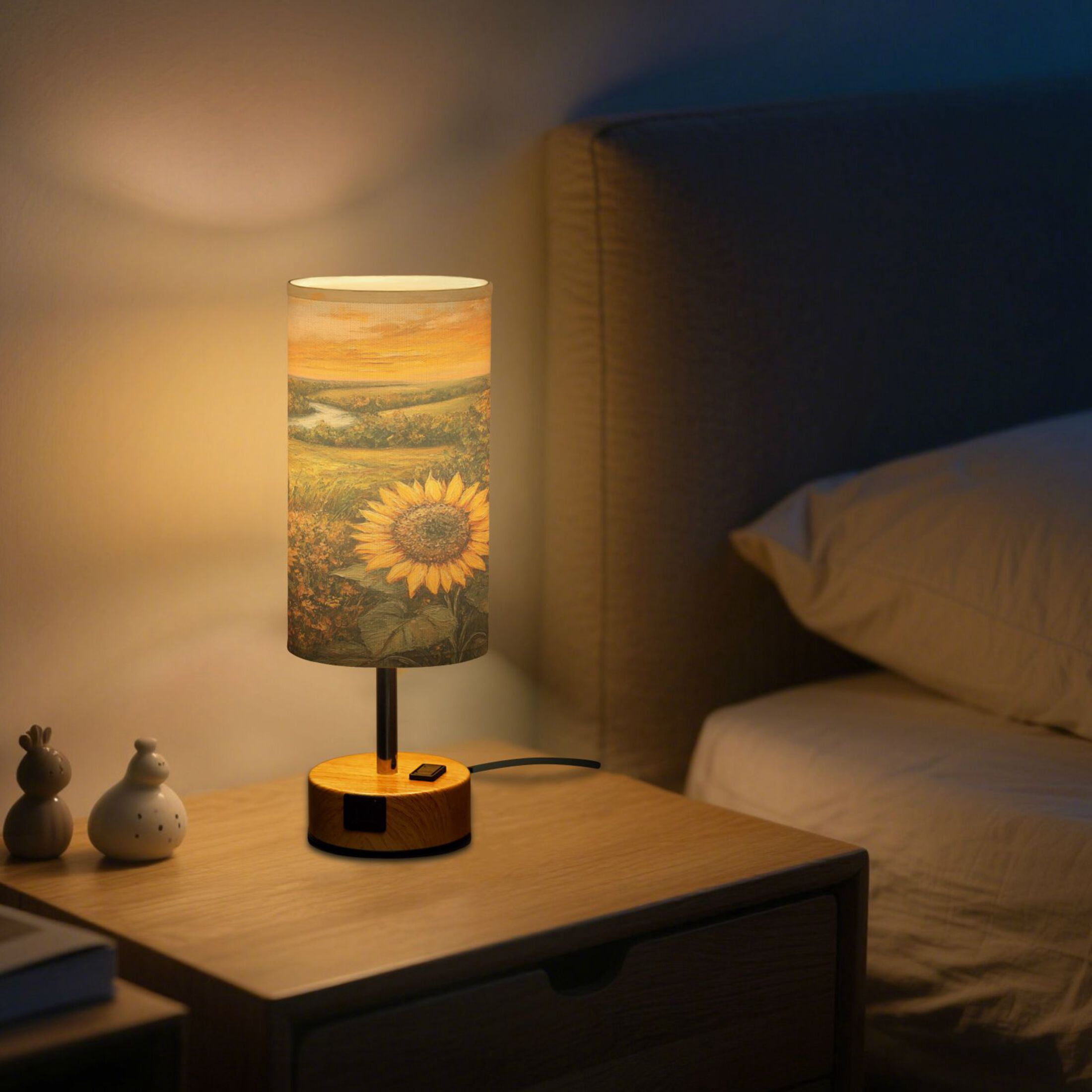 Wobogo Oil Painting Of Sunflower Bedside Lamp Touch Control Table Lamp with USB A+C Charging Ports & AC Outlet 3-Way Dimmable Nightstand Lamp with Linen Fabric Shade for Bedroom Living Room