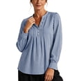 thumbnail image 2 of ClodeEU Women's Henley Pleated Front Long Sleeve Blouse,Casual Loose Flowy Shirt Top Blue,Women's Plus L, 2 of 7