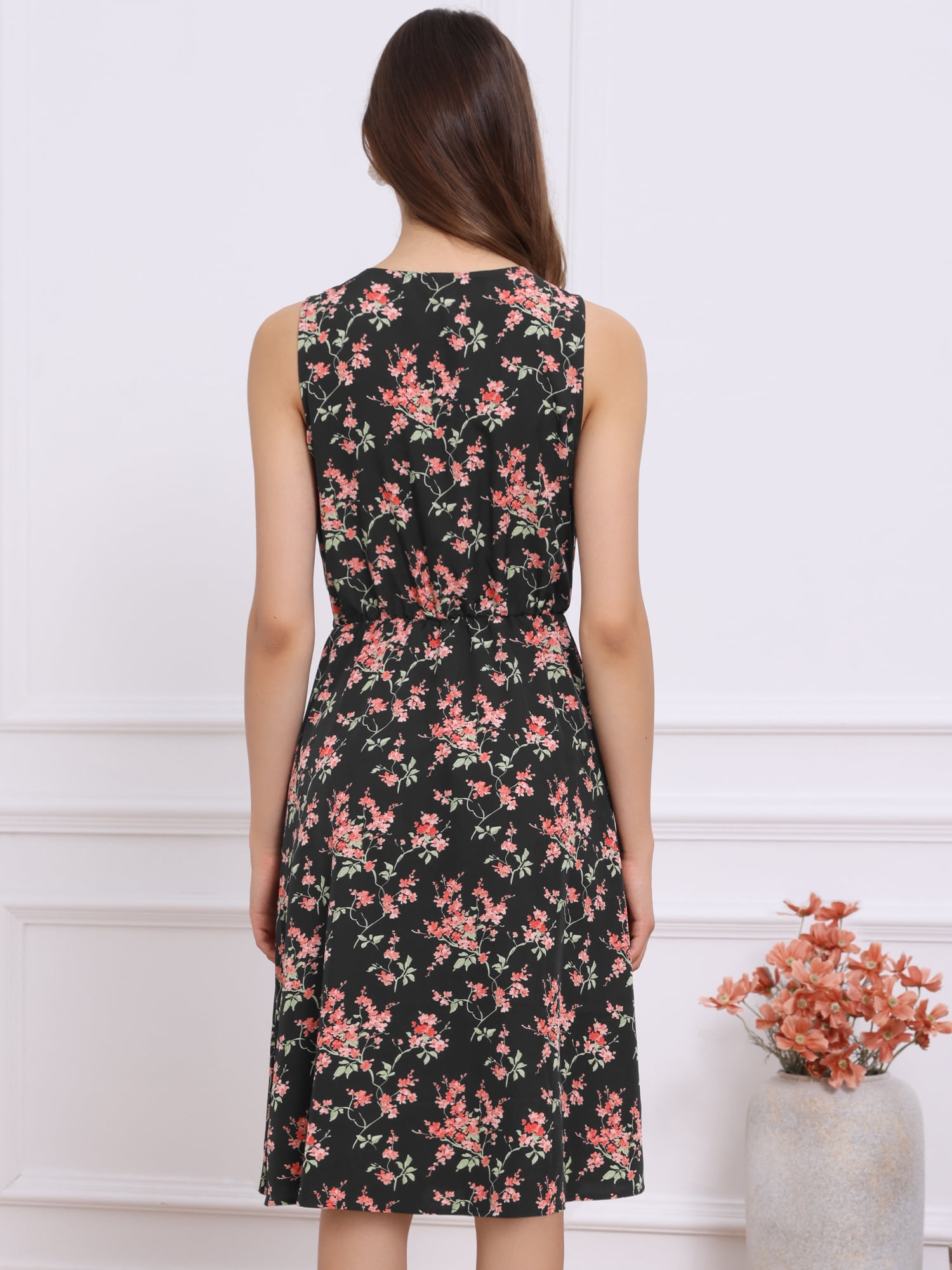 DARING DIVA Women's Midi Floral Summer Casual Sleeveless Dress S Black Red