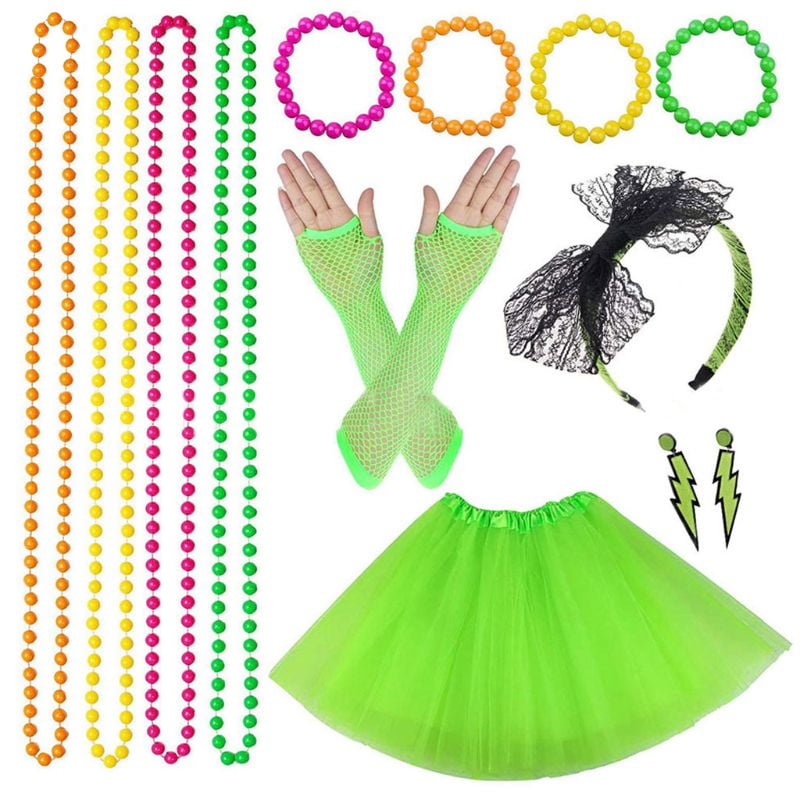 Neon 80s Fancy Dress Accessories Jewellery Bracelets Necklace Beads Disco Party 