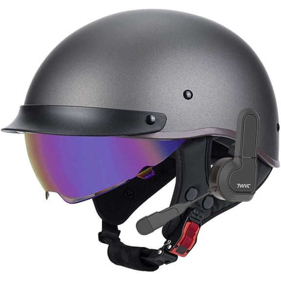 German Style Bluetooth Motorcycle Half Helmet Scooter Open Face DOT Approved Built-in Speaker Headset Microphone Retractable Visor Adjustable Quick Release Buckle