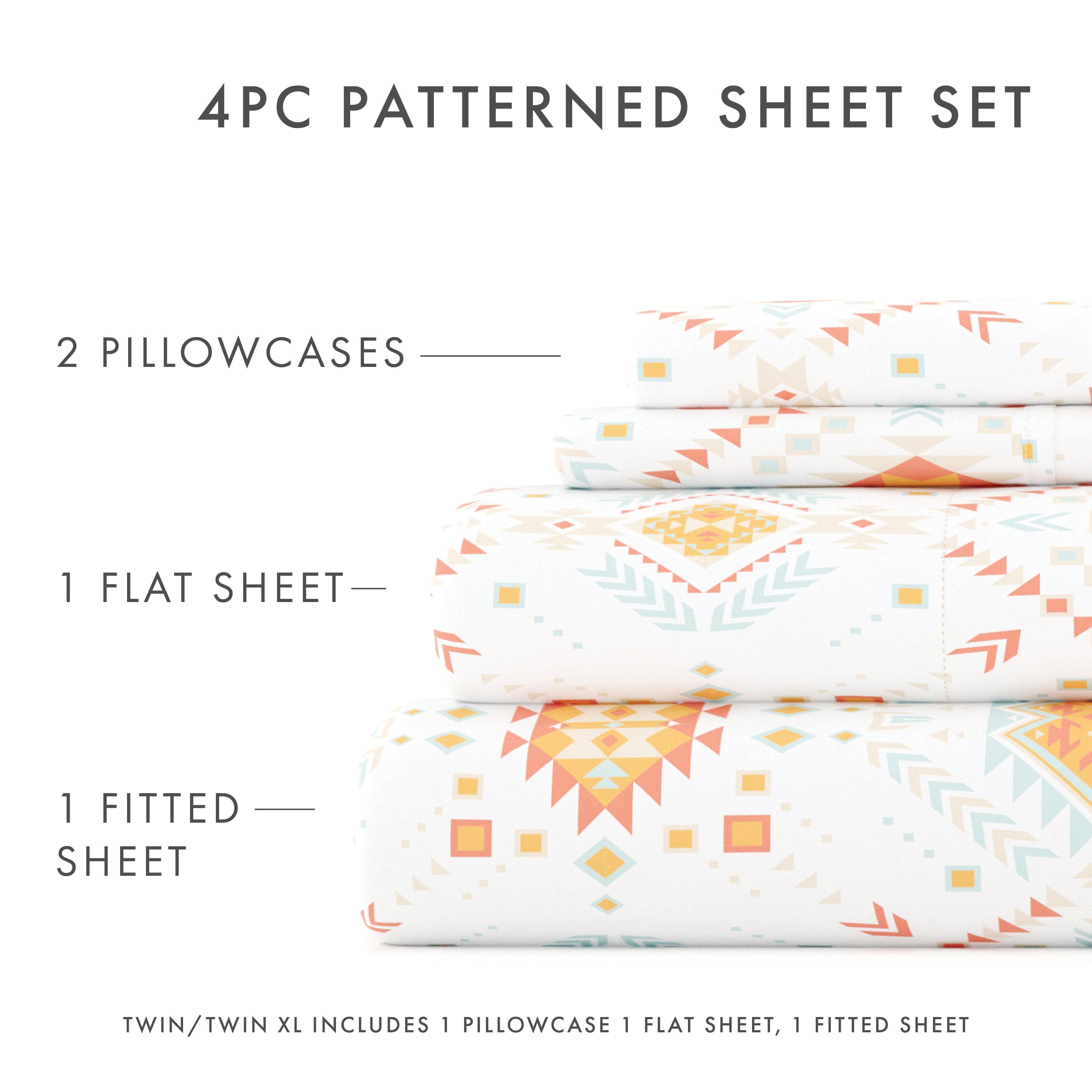 Noble Linens 4 Piece Pattern Microfiber Bed Sheets Set, Coral Aztec Dreams, Full