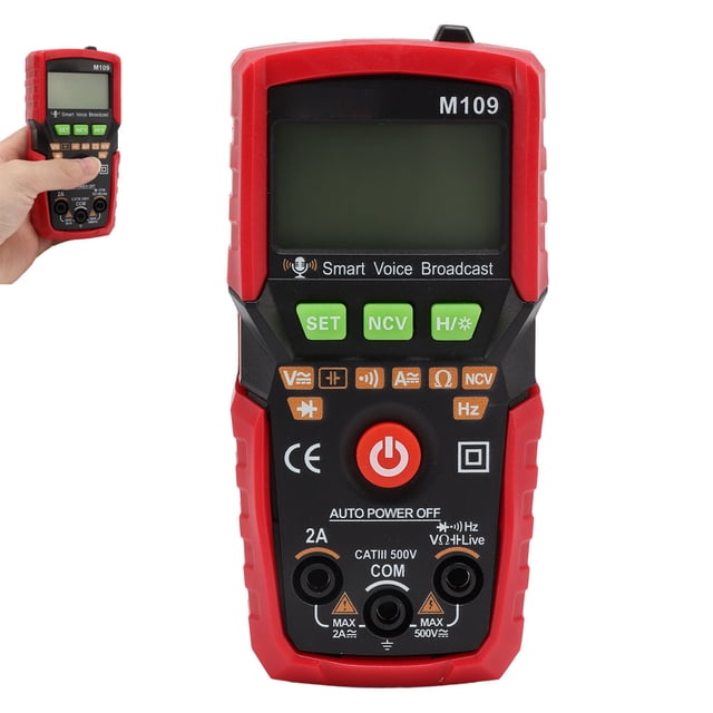 DC Voltmètre Ampèremètre, Écran Rétroéclairé Portable Diffusion Vocale Anglaise NCV Éclairage Numérique Multimètre pour Maintenance Rouge, Noir