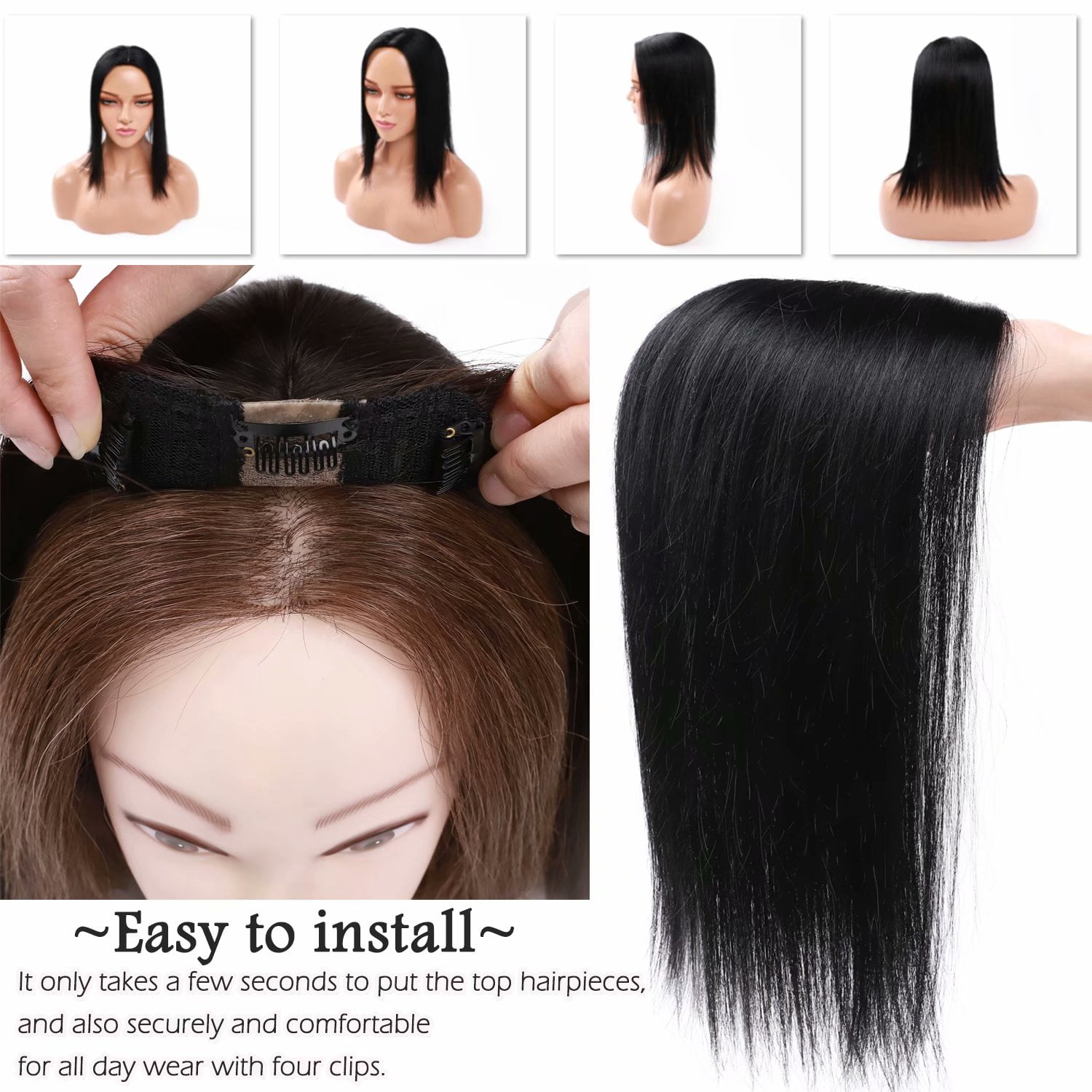 Benehair 100% Real Remy Human Hair Extensions Clip In Topper Toupee Hairpiece Silk Base for Women Hair Loss 12cm*10cm US