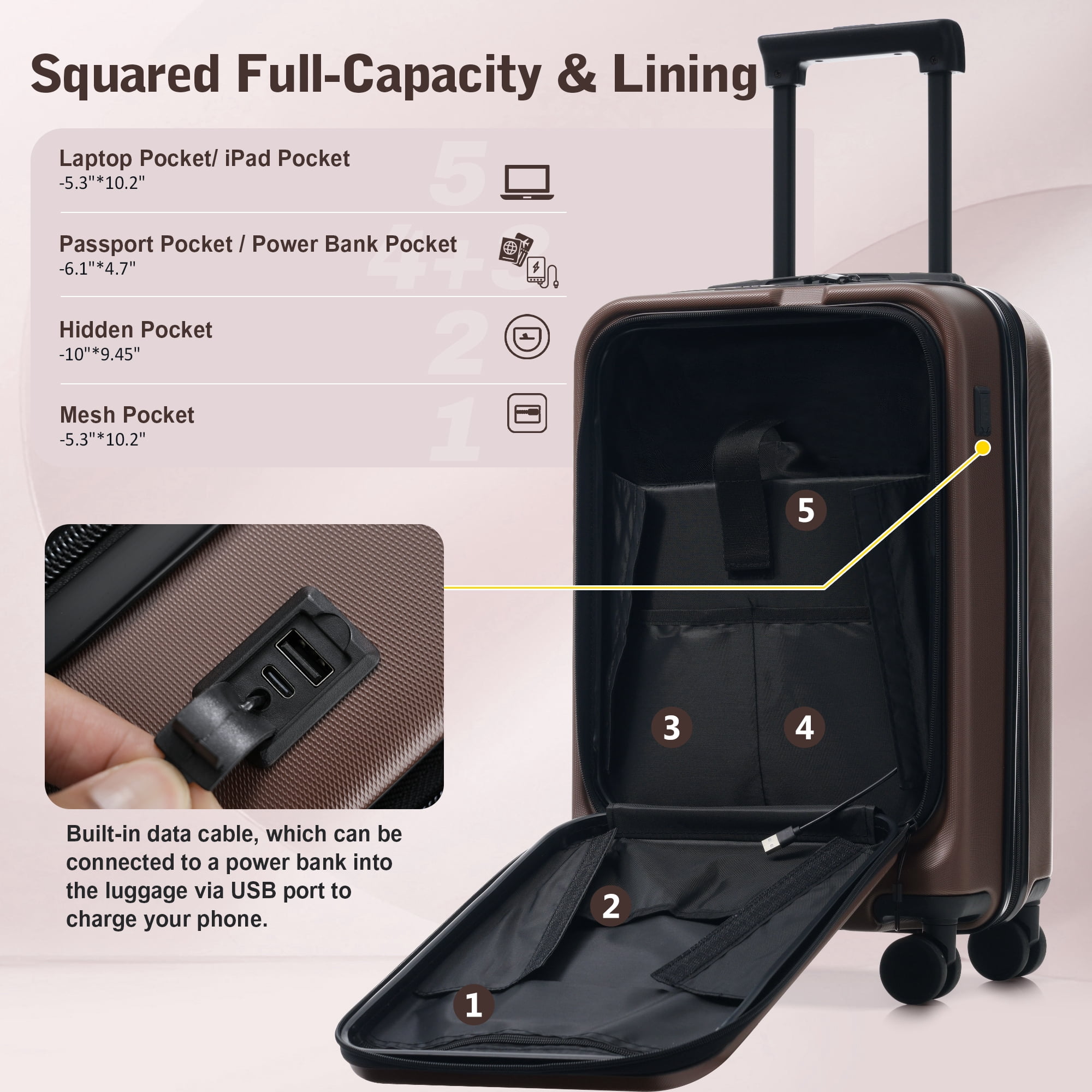 Euroco 5 Piece Front Opening Luggage Sets, Hardside Expandable Carry On Suitcase Set with USB Port,TSA Locks, Spinner Wheels and 2 Bags,Lightweight Travel Luggage for Men Women(20"/24"/28"),Brown