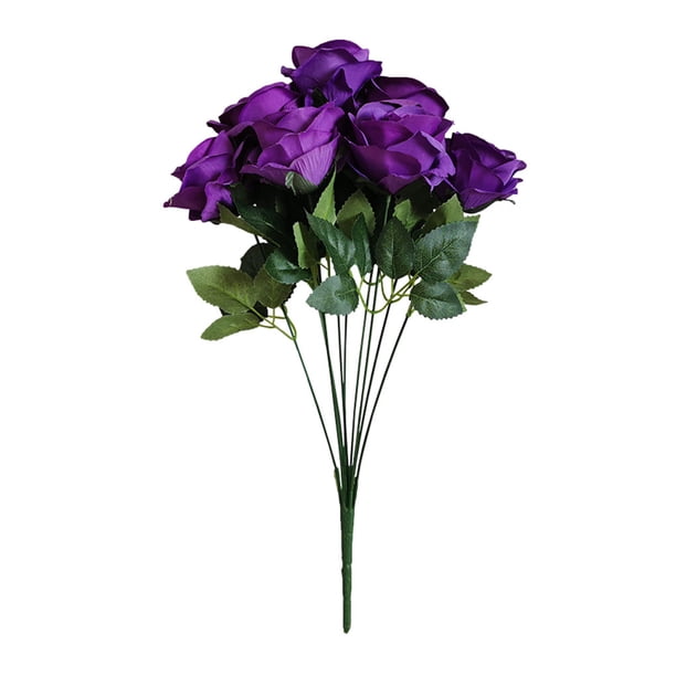Ramo de novia de boda de flor de rosa artificial de 10 cabezas, ramo de flores de simulación de oficina en casa, rosa falsa, púrpura sidaley HA7036-09B