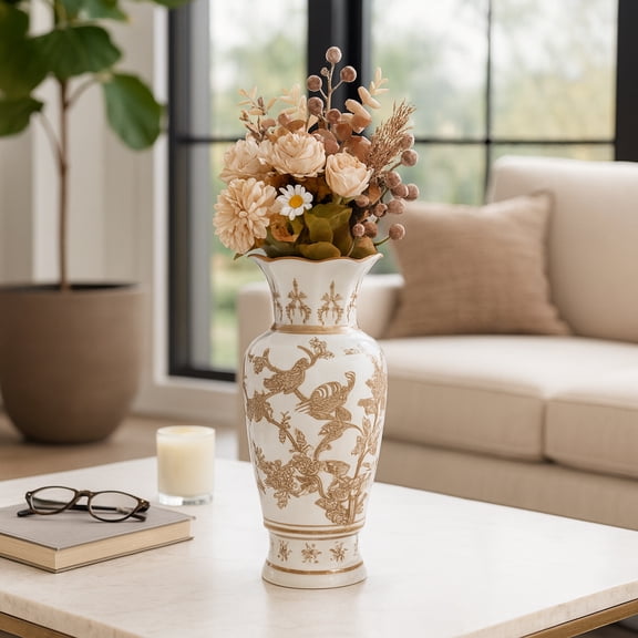 Ceramic Vase with Bird and Vine Design for Living Room Decor - Vintage Inspired Flower Vase for Home, or Table Decor - Stylish Bedroom, Office, and House Accent - 13", Brown & White