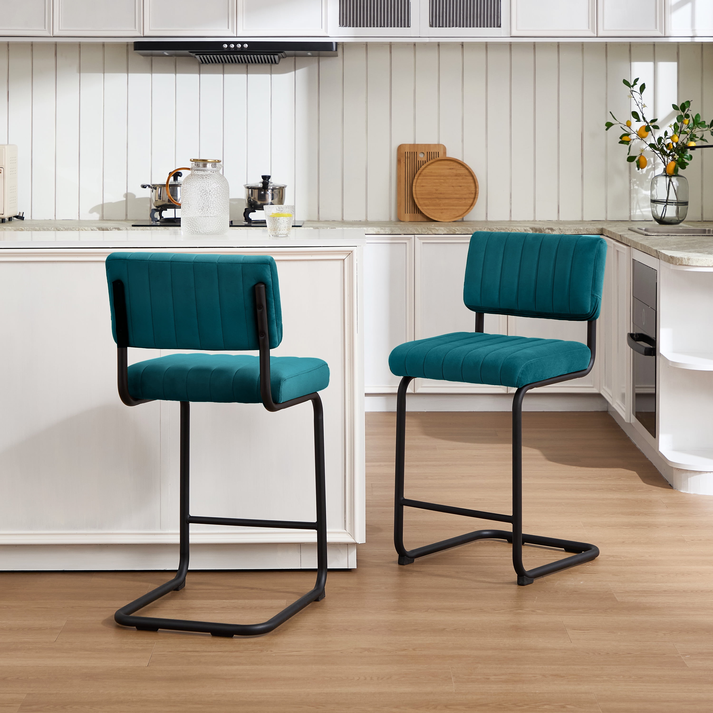 ONEVOG 24"H Counter Height Bar Stools Set of 2, Modern Velvet Upholstered Stool with Black Metal Legs for Kitchen Island, Teal