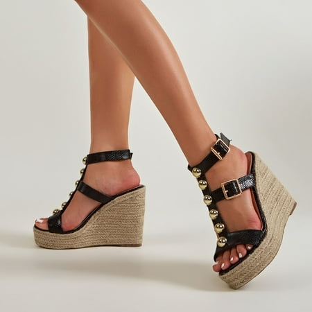 

Yoslce Shoes For Women Casual Peep Toe High Wedge Heels Buckle Strap Metal Womens Wedges