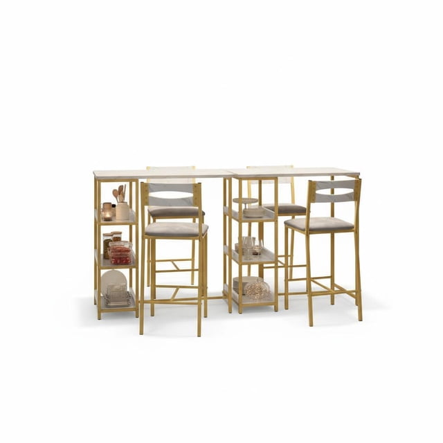 Ensemble de Salle à Manger 3 Pcs Gain de Place – Table Moderne avec 3 Étagères de Rangement, 2 Chaises Rembourrées en PU, Acier Robuste et MDF, Rallonge à Dessus Rabattable, Idéal pour Petites Cuisines Marbre Blanc et Or, PU Souple