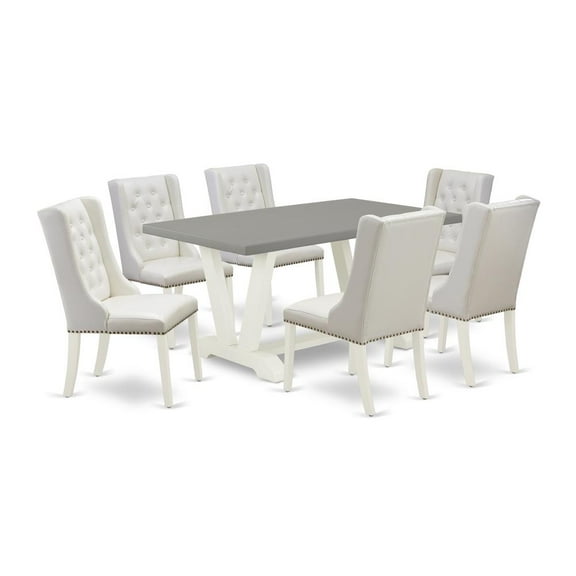 East West Furniture V096FO244-7 7-Pc Dining Room Table Set Consists of 6 White Pu Leather Padded Chair Button Tufted with Nailheads and Wooden Dining Table - Linen White Finish