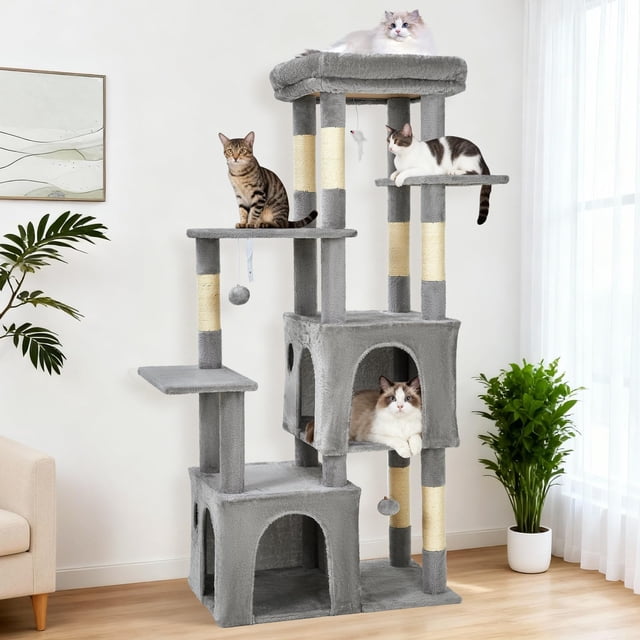 61" Multi-Level Cat Tree for Indoor Cats, Heavy-Duty Tower for Large Adult & Maine Coon Cats with Extra-Large Perch, 2 Spacious Condos, Natural Sisal Scratch Posts & Play Toys(Light Gray)