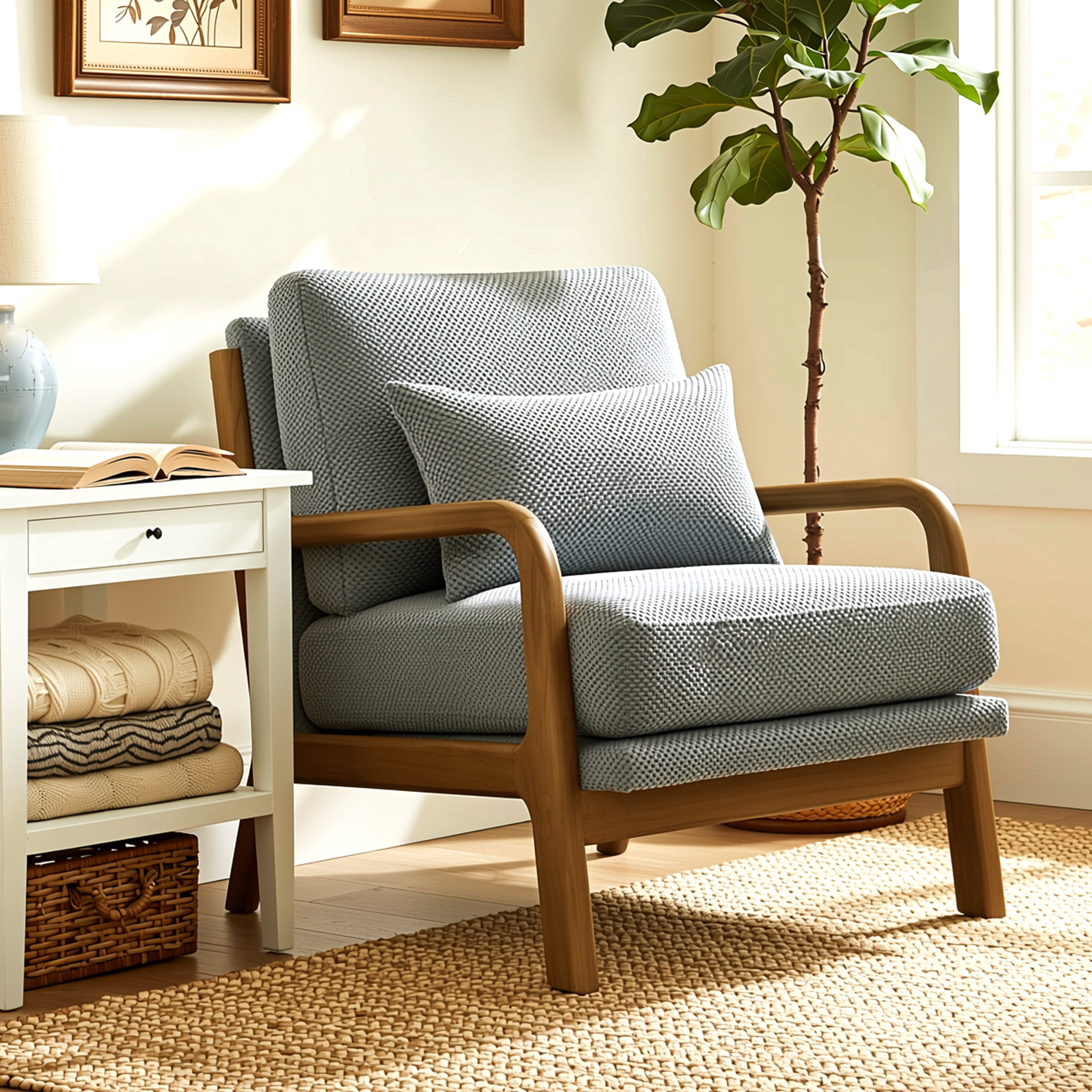 Homy Casa Mid-Century Modern Accent Chair, Textured Fabric Reading Armchair with Wood Frame, Gray