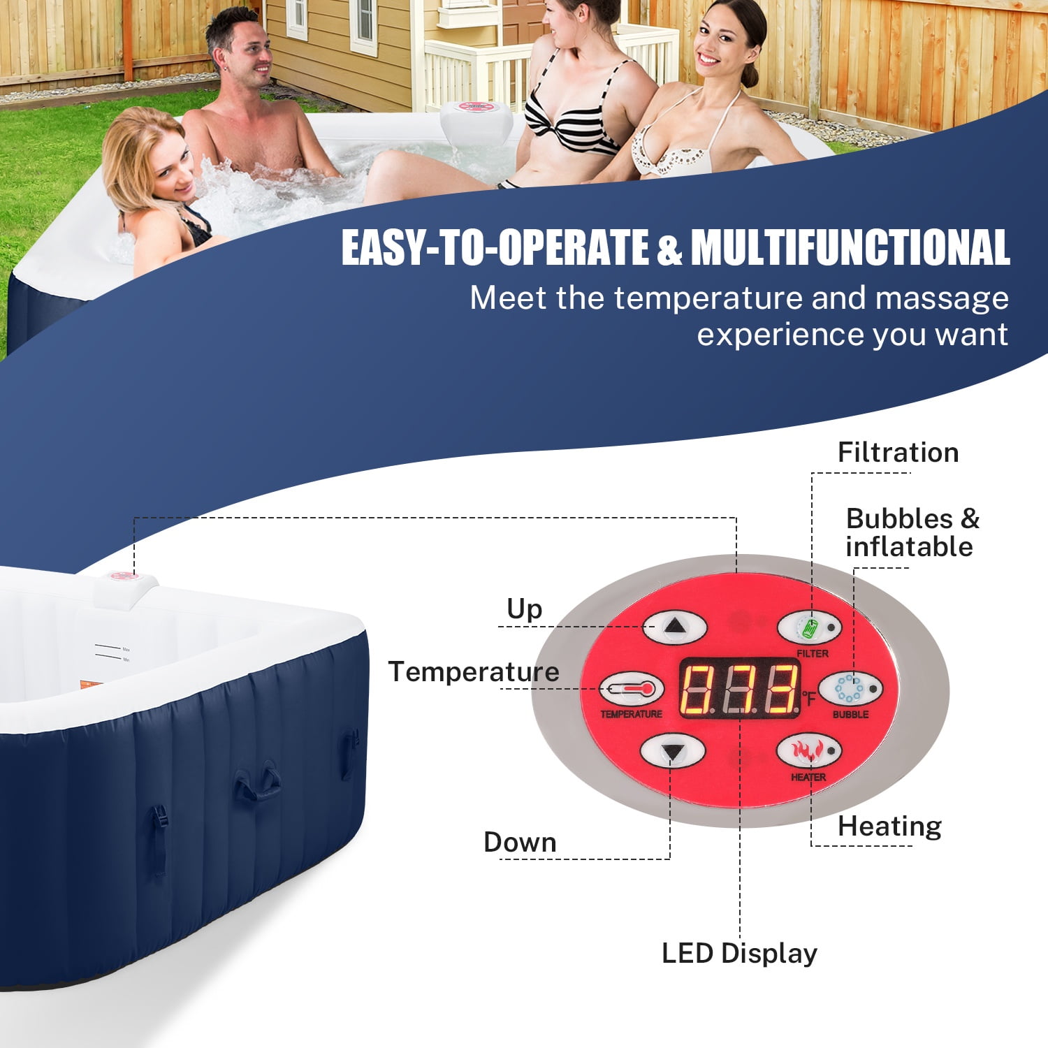 Hot Tub for 4-6 Person, Seizeen Outdoor Patio Large Inflatable Hot Tub Home SPA, with 130pcs Massage Jets, 910L, 4 Filters, 2 Cup Holders, Lockable Cover, Storage Bag, Max 104℉, 73in, Navy