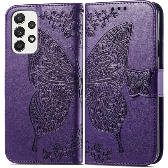 Fashion Charming Butterfly Pattern PU TPU Phone case with Wallet Card Holder for Samsung Galaxy A23 A33 A53 A54 A72 A73 A82 A04 S E 4G 5G Cover Skin-Friendly Shockproof Bumper(Purple,A54 5G)