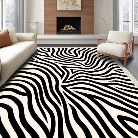 ODIKA 4'x6' Machine Washable Non-Slip Area Rug, Monochrome Savanna Bands Elegant Contemporary Stylish Fashionable High Traffic Rug, Black, 592630