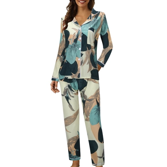 RMGVDSD Pajamas for Women Set Casual Lapel Button Down Long Sleeve Pajamas Fashion Printed Loungewear Sleepwear Long Pants Two Piece Suit