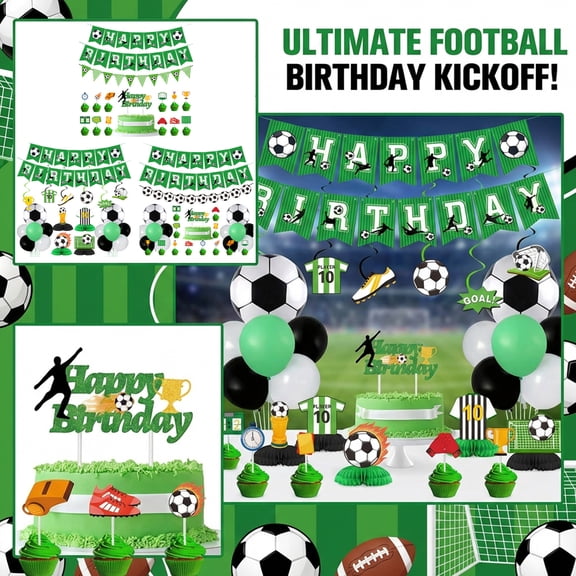 Soccer Birthday Party Decoration Set with Banner Cake Topper Cupcake Toppers, Football Theme Party Supplies for Kids Sports Party
