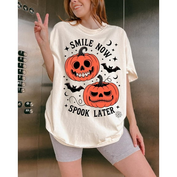 Smile Now Spook Later T-Shirt, Funny Pumpkin Face Halloween Tee, Cute and Creepy Fall Shirt for Women, Spooky Season October Outfit