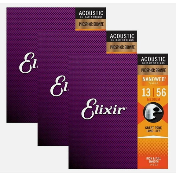 3-Pack! Elixir Medium 13-56 Acoustic Phosphor Bronze Nanoweb 16102