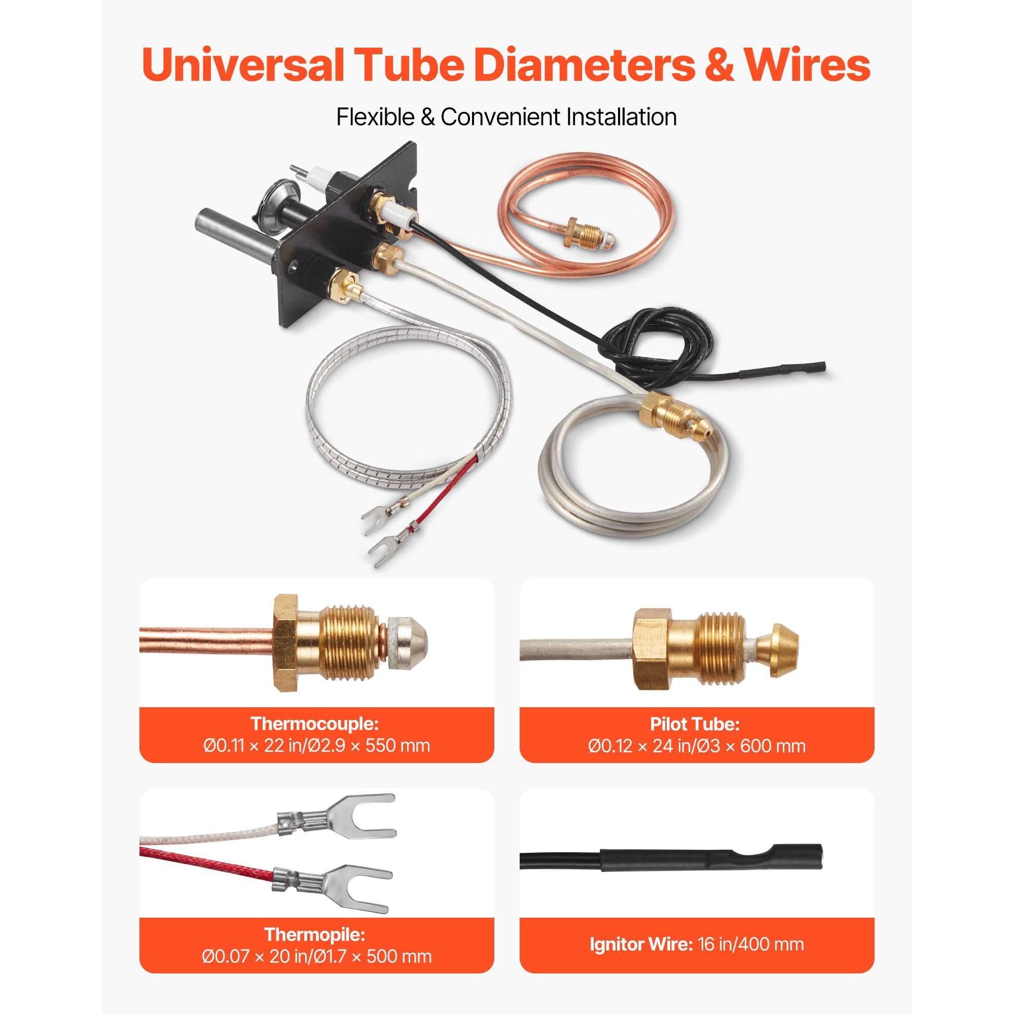 Natural Gas Fireplace Pilot Assembly, 24in Pilot Tube 16in Igniter 22in Thermocouple 20in Thermopile, Heat-Resistant OEM Replacement for Gas Fireplace
