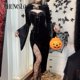 thumbnail image 2 of CHUNGLO Vestido Largo Gótico Traje Con Sombrero Transparente Terciopelo Encaje Recorte Abertura Alta Manga Larga Botón Fiesta Smock Vestidos De Halloween Para Mujer, 2 of 4