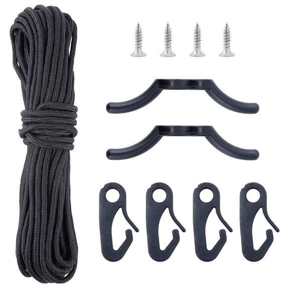 Flagpole Rope with Clips Kit 15m/49.2 Feet Nylon Halyard Rope with 4pcs Flag Clip Hooks 2pcs Rope Cleat Hook for Flagpole Repire Black