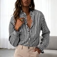 thumbnail image 2 of larppty Womens Plaid Ruffle V Neck Button Down Blouse Casual Long Sleeve Trendy Tops Work Checkered Shirt (Black, XXL), 2 of 8
