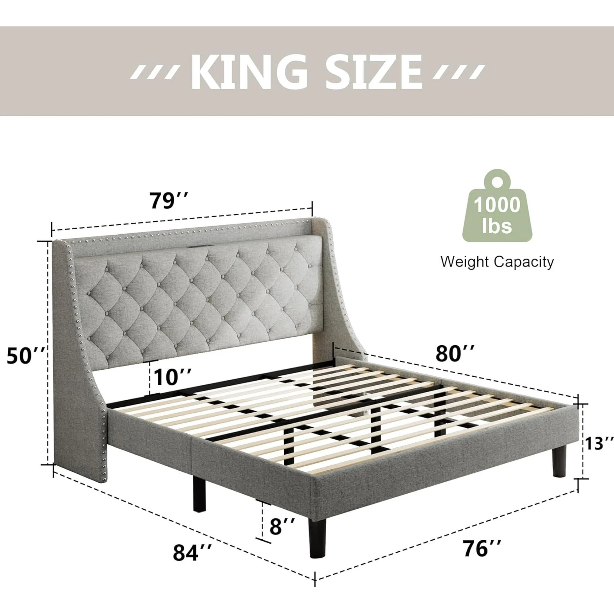 BSHTI King Size Platform Bed Frame with 16" Wingback Tufted Headboard, Built-in Charging Station (2 AC Outlets & 2 USB Ports), 12 Wood Slats, Gray